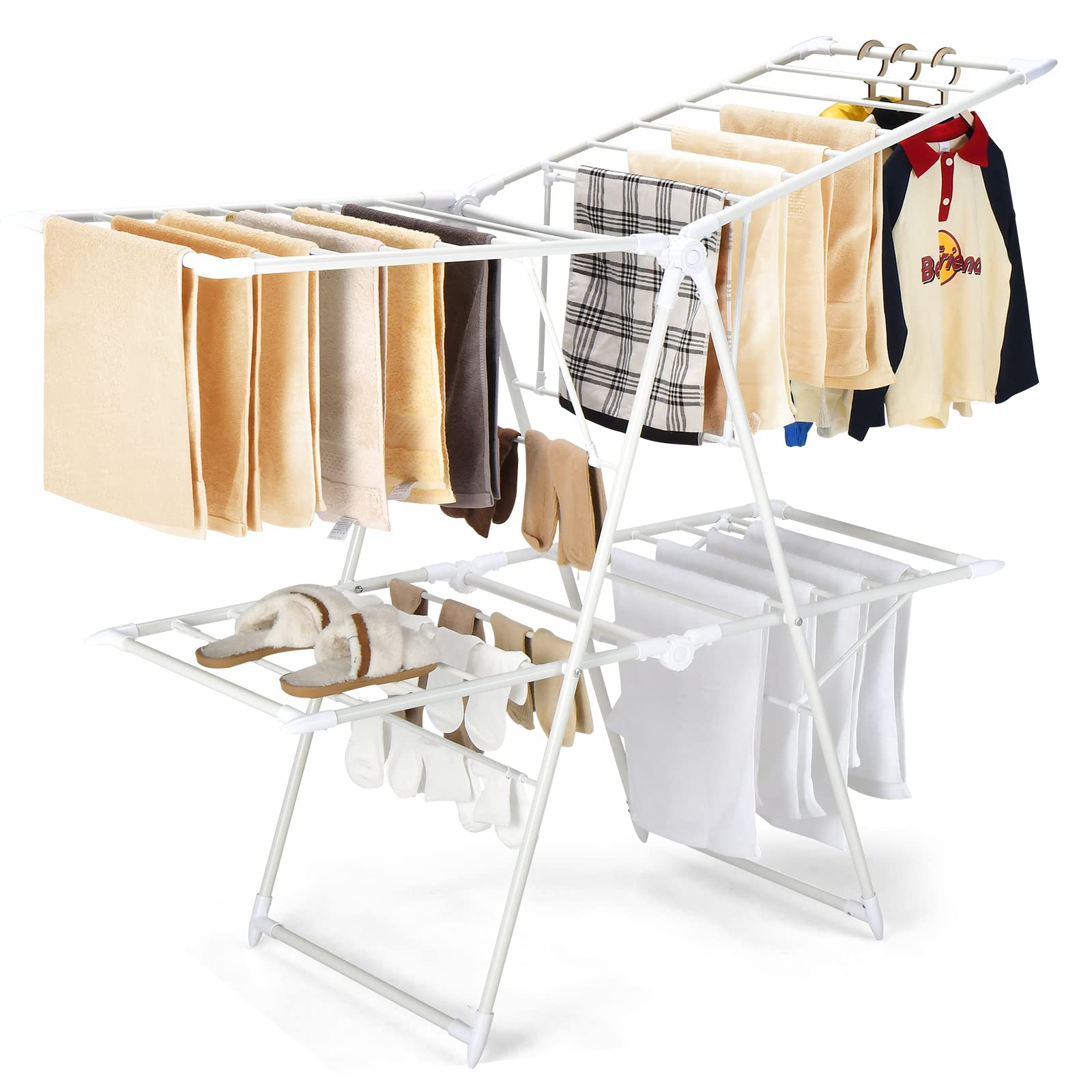 COSTWAY Clothes Drying Rack, 2-Tier Folding Dryer Racks w/Height-Adjustable Wings, 28 Drying Rails, No Assembly, Collapsible Laundry Hanger for Indoor & Outdoor Use, White