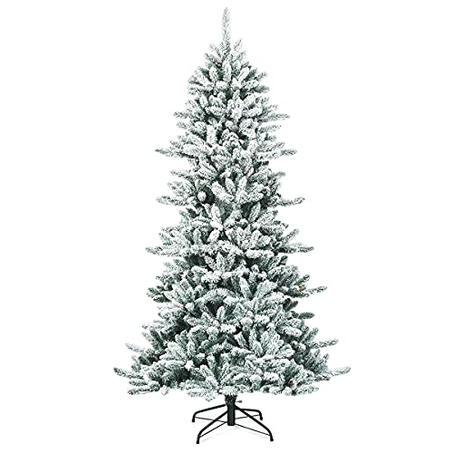 COSTWAY 7Ft Premium Hinged Snow Flocked Slim Artificial Christmas Fir Tree w/Pine Cones