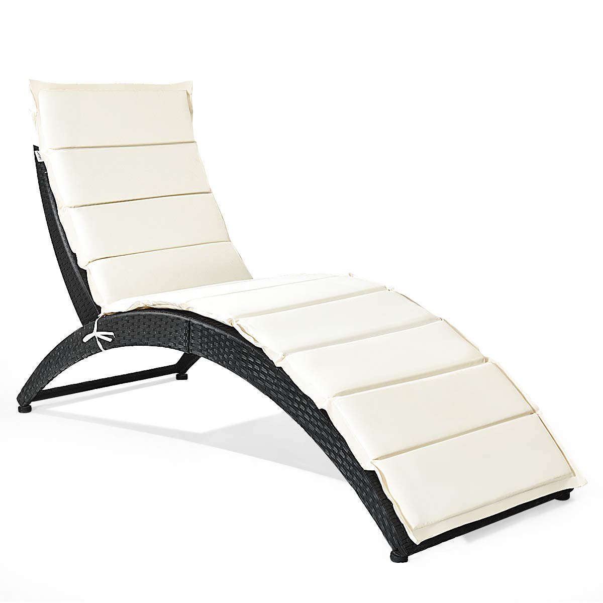 COSTWAY Folding Patio Rattan Lounge Chair Chaise Cushioned Portable Garden Lawn Beige