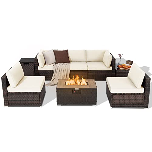 COSTWAY 8PCS Patio Rattan Furniture Set Fire Pit Table Tank Holder Cover Deck Off White