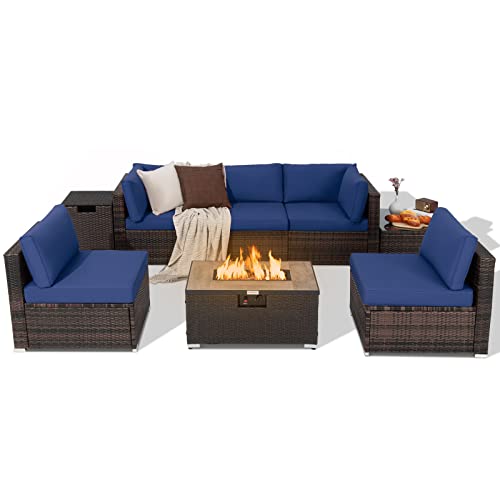 COSTWAY 8PCS Patio Rattan Furniture Set Fire Pit Table Tank Holder Cover Deck Navy