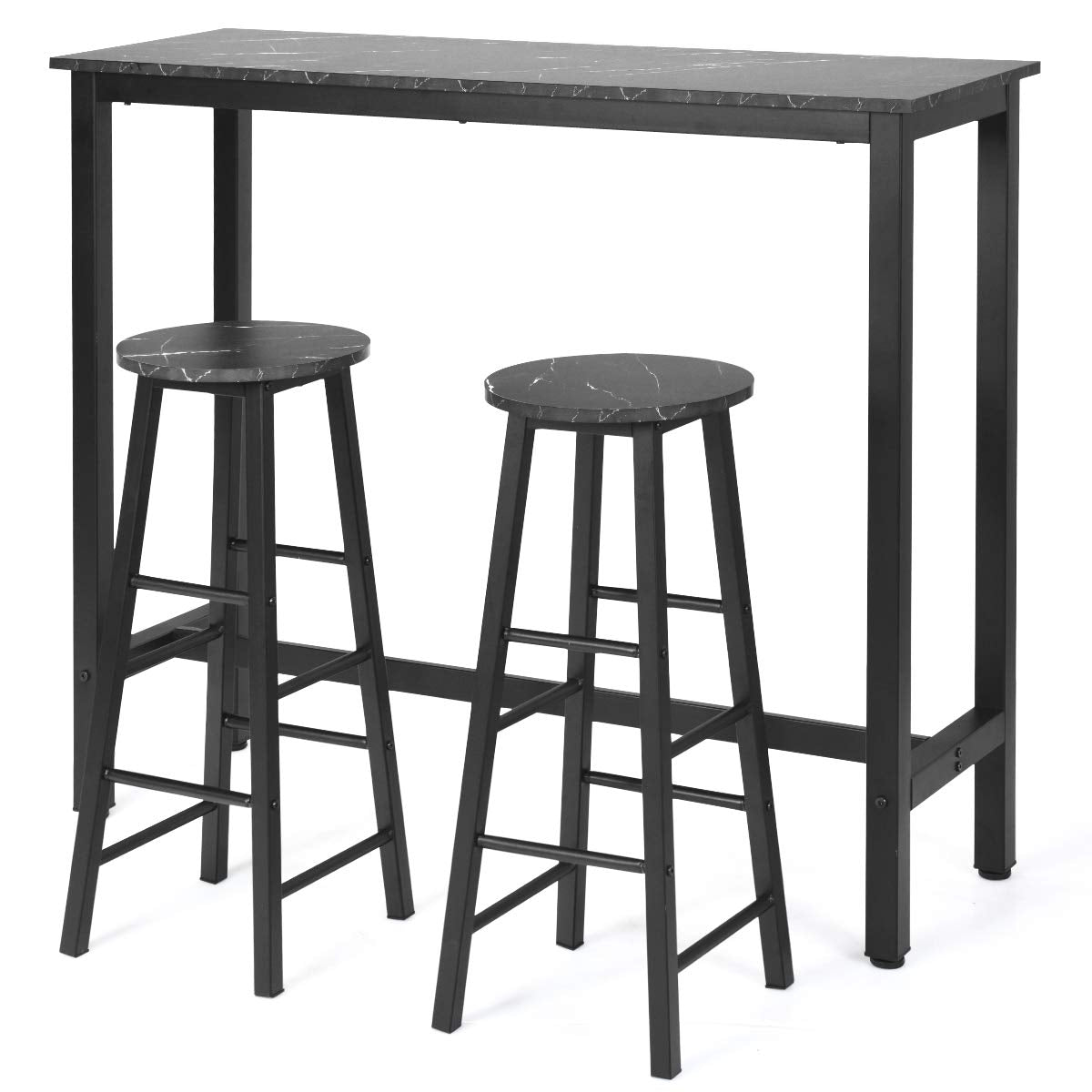 COSTWAY 3-Piece Bar Table Set with 2 Stools, Industrial Counter Dining Table Set, Pub Height Dining Table Set with Faux Marble Tabletop and Metal Frame, for Kitchen Dining Room (Black)