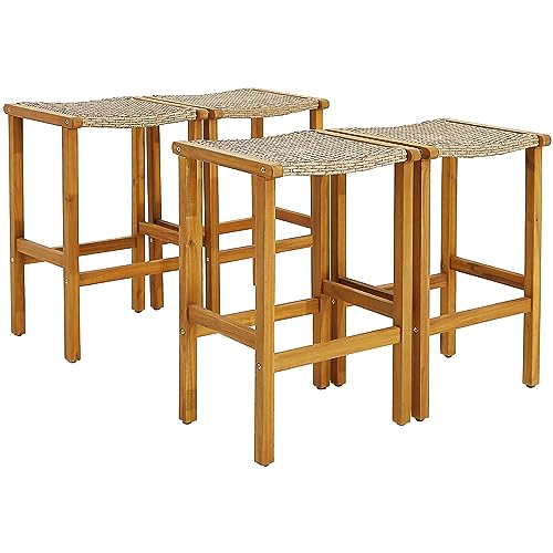 COSTWAY Outdoor Bar Stools Set of 4, 30-inch Height Backless Bar Chairs with Acacia Wood Frame, PE Wicker Saddle Seat, Footrest, Patio 4-Pack Bar High Stools for Garden Porch Poolside Backyard