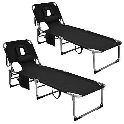 COSTWAY 2 PCS Outdoor Beach Lounge Chair Folding Chaise Lounge with Pillow Black