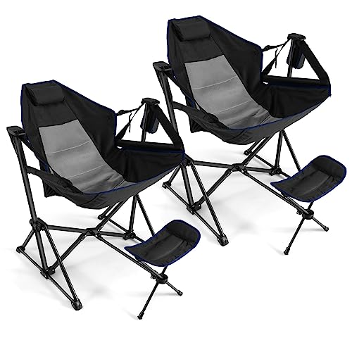 COSTWAY Folding Camping Chair Set of 2, Portable Beach Chair with Retractable Footrest, Adjustable Back, Cup Holder & Carry Bag, Outdoor Lawn Patio Chair for Camping, Fishing, Hiking, Black