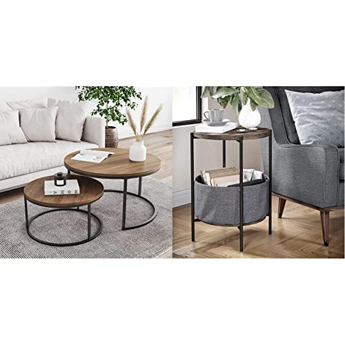 Nathan James Stella Round Modern Nesting Coffee Set of 2, Reclaimed Oak/Black & Round Modern Side Accent or End Table for Living Room and Bedroom and Nursery Room