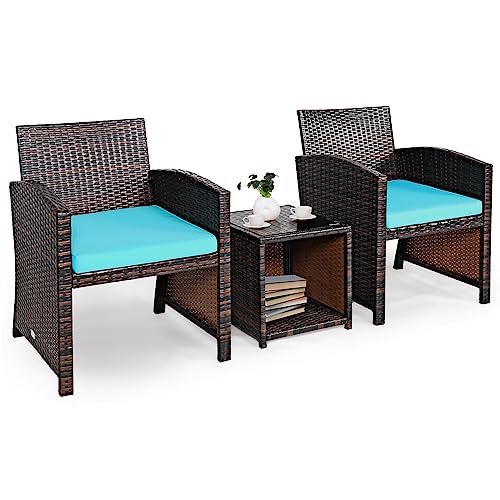 COSTWAY 3PCS Patio Rattan Wicker Furniture Cushion Sofa Coffee Table Turquoise