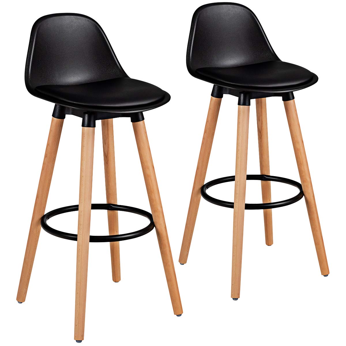 COSTWAY Bar Stools Set of 2, Modern Armless Kitchen Stool with Soft PU Leather Seat, Bar Height Stool with Round Metal Footrest & Comfortable Curved Backrest for Home, Dining Hall (Black, 2)