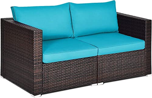 COSTWAY 2PCS Patio Rattan Corner Sofa Sectional Furniture Set Turquoise Cushion