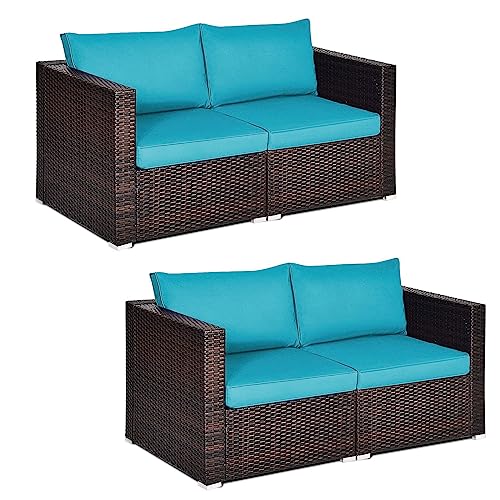 COSTWAY 4PCS Patio Rattan Corner Sofa Sectional Conversation Set Turquoise Cushion