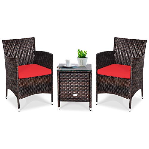 COSTWAY Outdoor 3 PCS PE Rattan Wicker Furniture Sets Chairs Coffee Table Garden Red