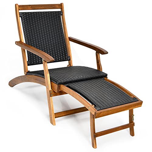 COSTWAY Patio Folding Rattan Lounge Chair Wooden Frame W/Retractable Footrest