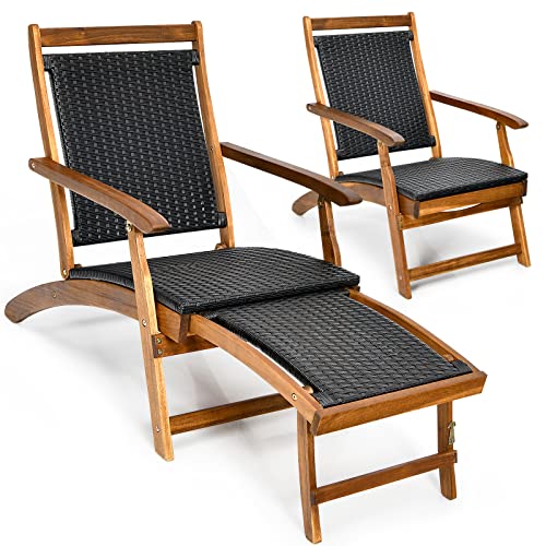 COSTWAY 2PCS Patio Folding Rattan Lounge Chair Wood Frame Retractable Footrest