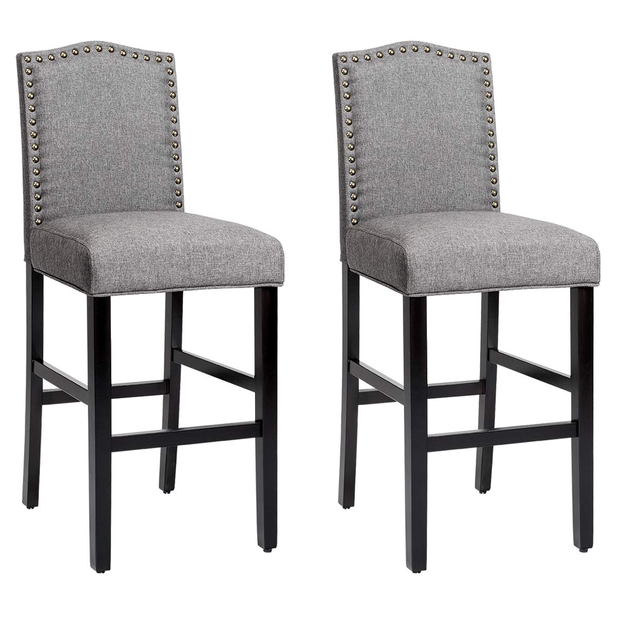 COSTWAY Bar Stools Set of 2, Counter Height Dining Side Barstools, w/Thick Cushion, Linen Surface, Nailhead Trim, Rubber Wood Legs, High Leisure Chairs for Living Room, Kitchen, Dining Room, Gray