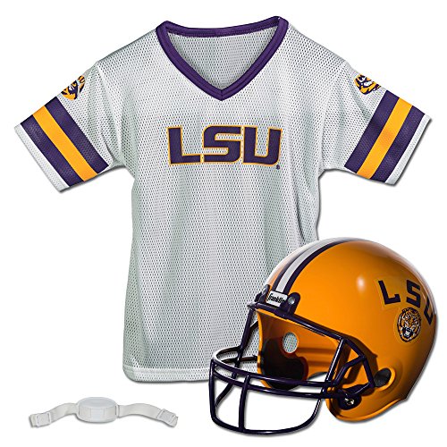 Franklin Sports LSU Tigers -Kids College Football Uniform Set - NCAA Youth Football Uniform Costume - Helmet, Jersey, Chinstrap Set - Medium