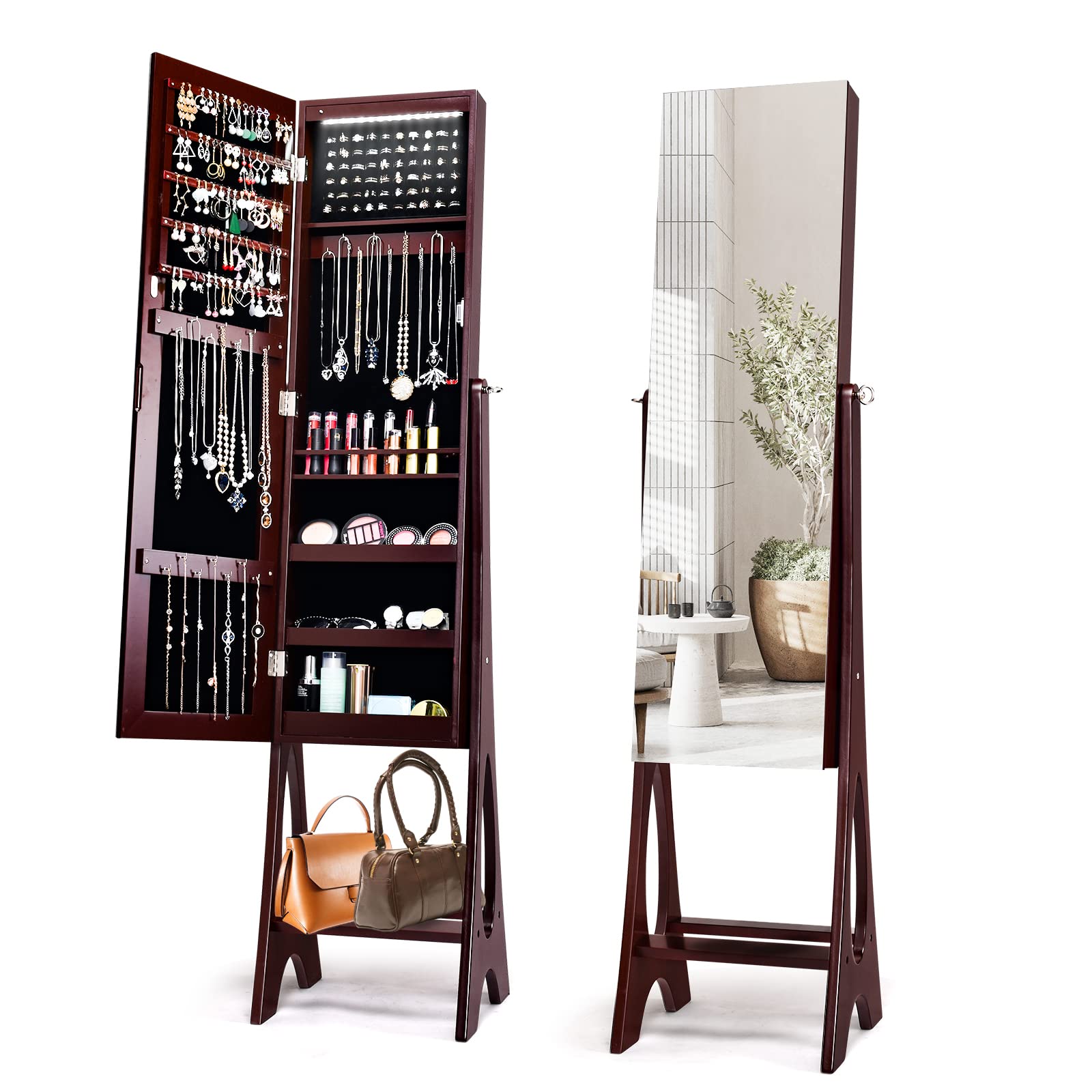 COSTWAY 12 LED Mirror Jewelry Cabinet, Freestanding Jewelry Storage Organizer w/Full Length Mirror, Large Capacity Jewelry Armoire w/Bottom Shelf, Mirror with Jewelry Storage for Women Girls (Brown)