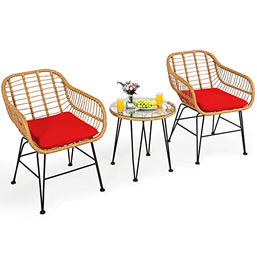 COSTWAY 3PCS Patio Rattan Bistro Furniture Set Cushioned Chair Table Red