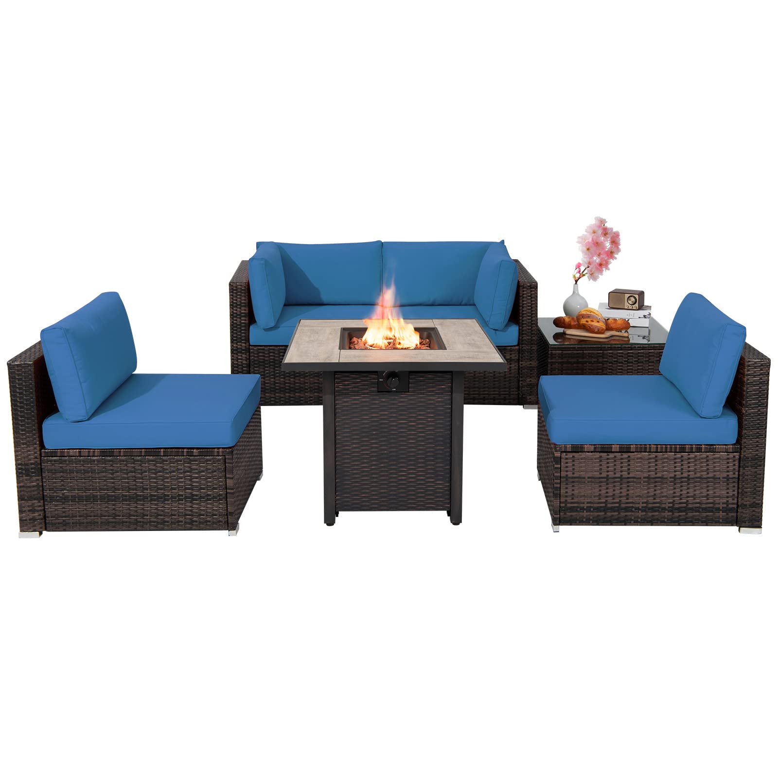 COSTWAY 6 PCS Patio Wicker Furniture Set 30" Gas Fire Pit Table 50,000 BTU Navy Blue