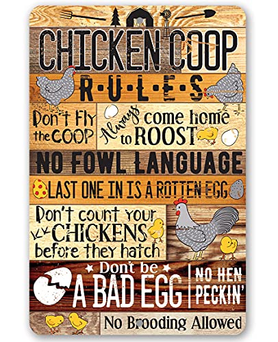 Chicken Coop Rules - Funny Chicken Coop Sign, Farmhouse Wall Hanging Decor and Farm Warning Signs, Great Gift for Chicken Farm Owners, Wood Style Look 8x12 Indoor or Outdoor Durable Metal Sign