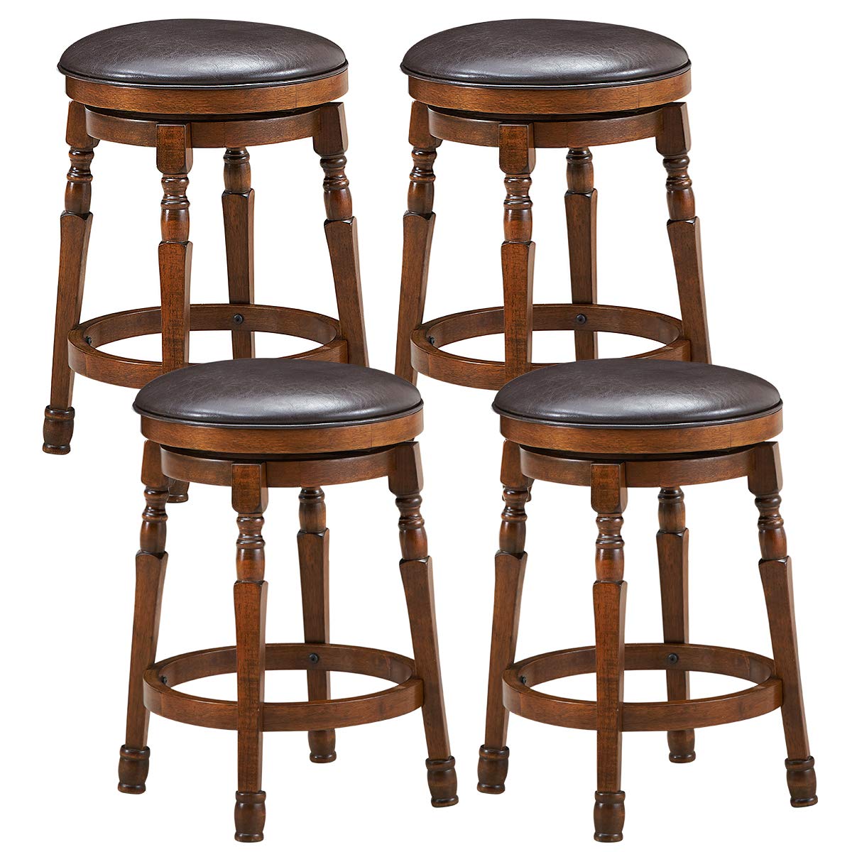 COSTWAY Backless Bar Stools Set of 4, 24-Inch Counter Height Round Stool with 360¡ Swivel Cushioned Seat, Soft PU Leather Barstool with Sturdy Natural Rubber Wood, Easy Assemble for Home Pub Cafe