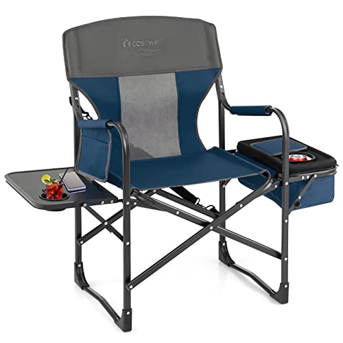 COSTWAY Folding Camping Chair, Heavy-Duty Director Chair Supports 400lbs for Adults with Side Table, Cooler Bag, Storage, Strap, Portable Makeup Chair Suitable for Fishing Picnic, Blue