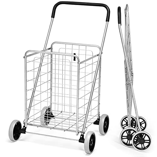 COSTWAY Folding Shopping Cart, Heavy Duty Grocery Utility Cart with Foam Wrapped Handle & Large Wheels, Versatile Rolling Cart with 22 Gal Metal Basket for Warehouse, Supermarket & Laundry Silver