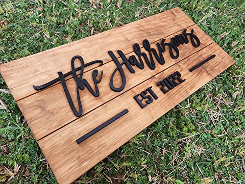 Personzalized 3D Style Effect Wood Sign for Easy Customization and Family Name Wedding Gift (Black Text - Golden Stain)