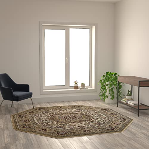 Flash Furniture Mersin Collection Persian Style Area Rug - Olefin Ivory Non-Shedding Fibers - 7' x 7' Octagon - Jute Backing - Hallway, Entryway, Bedroom, Living Room