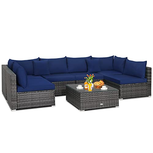 COSTWAY 7PCS Patio Rattan Furniture Set Sectional Sofa Cushioned Garden Navy