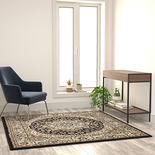 Flash Furniture Mersin Collection Persian Style Area Rug - Olefin Black Non-Shedding Fibers - 5' x 5' Square - Jute Backing - Hallway, Entryway, Bedroom, Living Room