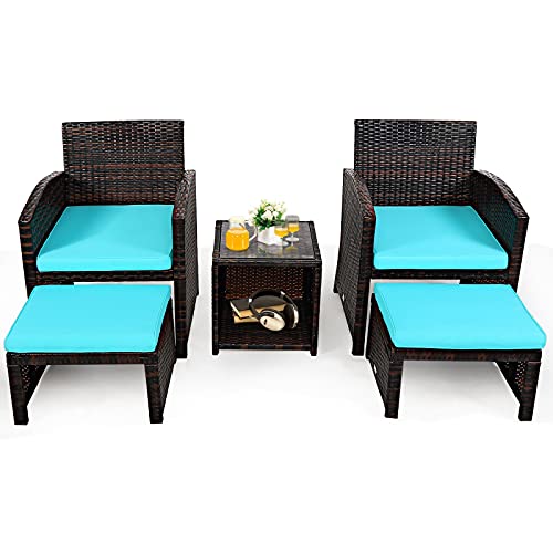 COSTWAY 5PCS Patio Rattan Wicker Furniture Set Sofa Ottoman Cushion Turquoise