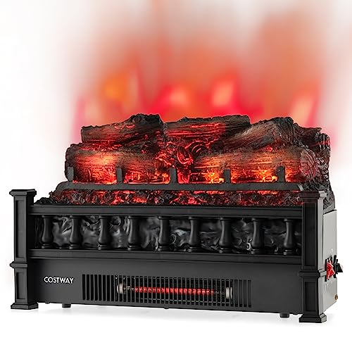 COSTWAY Eternal Flame Electric Fireplace Log, 20-inch Fireplace Insert Log Heater with Realistic Pinewood Ember Bed, Adjustable Temperature, Infrared Electric Fireplace Log for Home Decor, Black 1500W