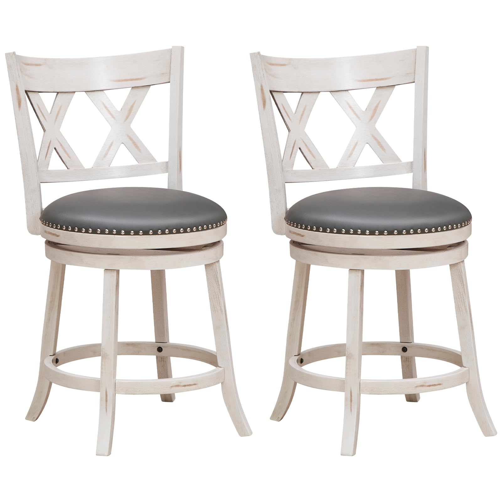 COSTWAY Bar Stool Set of 2 for Kitchen Island, 25.5” Swivel Armless Counter Height Stools with 20'' Wider Padded Seat, Ergonomic Curved Backrest, Rubber Wood Frame (2, Antique White + Gray)