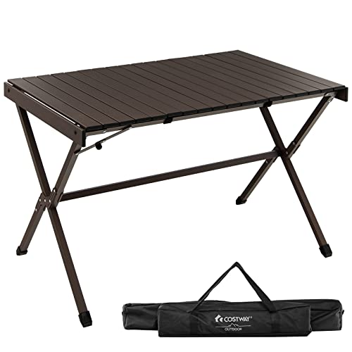 COSTWAY Portable Picnic Table, Roll-Up Aluminum Beach Table with Carry Bag for 4-6 Person, Folding Camping Table with Sturdy X-Shaped Frame, Lightweight Patio Table for Indoor & Outdoor Use (Brown)