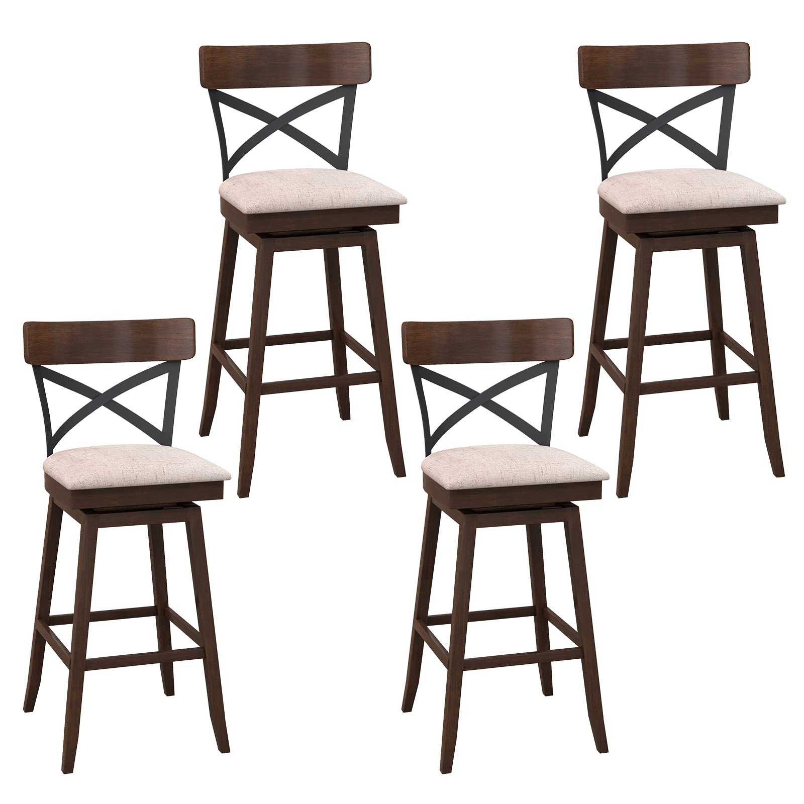 COSTWAY Bar Stool Set of 4, 30 Inch Swivel Ergonomic Bar Height Chairs with Cushioned Seat, Open X Back & Footrest, 4 PCS Wooden Barstools for Kitchen Island, Pub, Bistro, CafŽ, Brown (4, 30 inch)