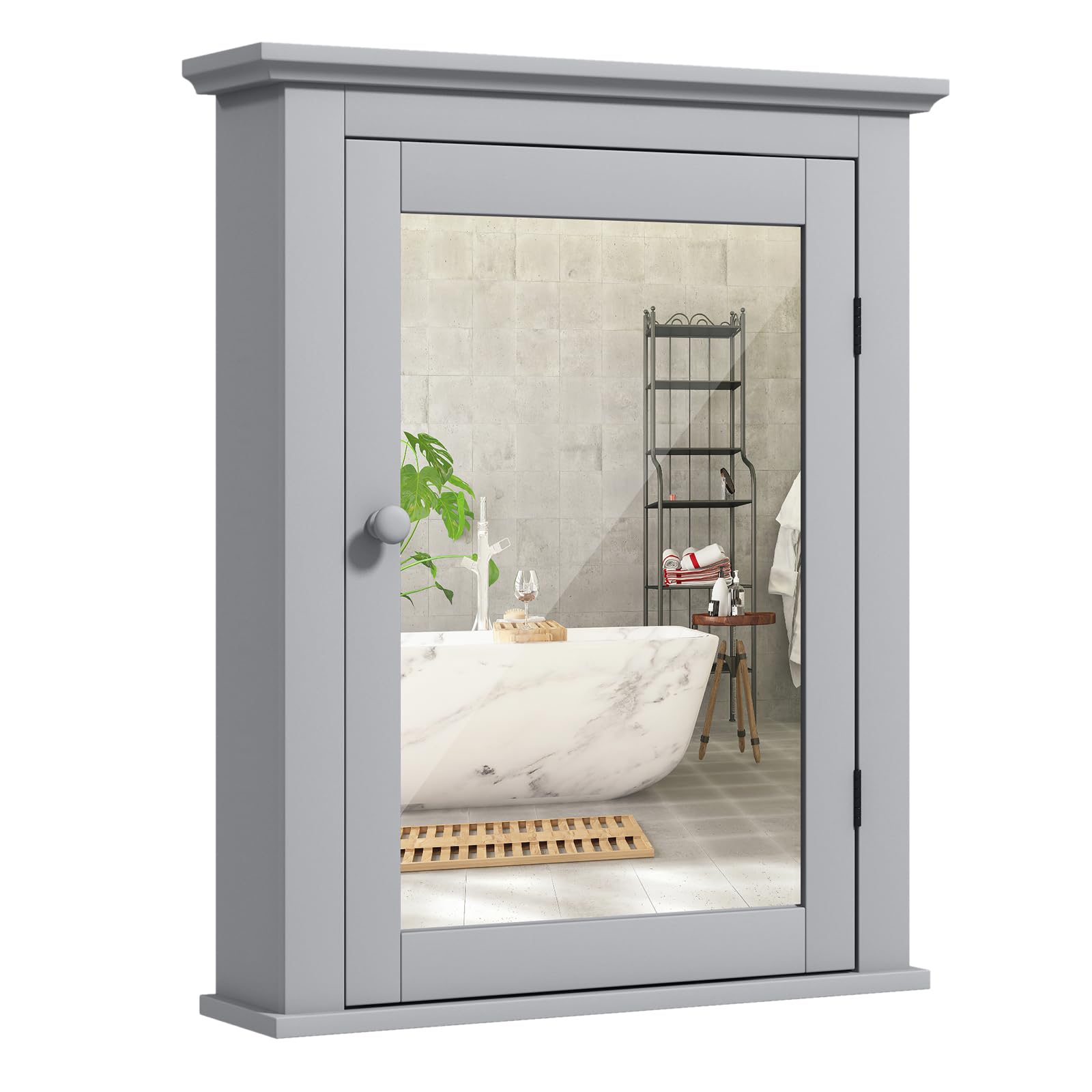 COSTWAY Bathroom Medicine Cabinet with Mirror, Wall-Mounted Storage Cabinet Organizer with 5-Position Adjustable Shelf, Hanging Bathroom Wall Cabinet for Living Room Bedroom Entryway (Grey)