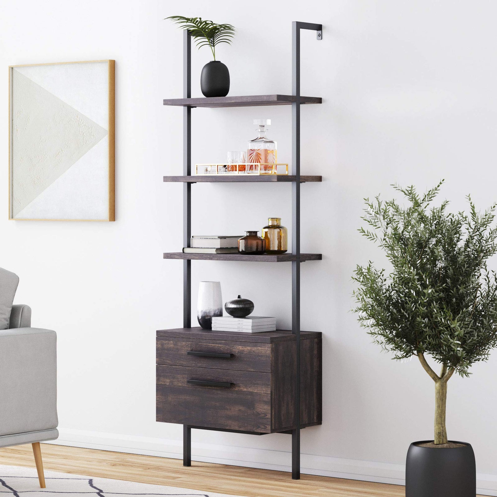 Nathan James Theo Industrial Bookshelf with Wood Drawers and Matte Steel Frame, 3-Shelf, Nutmeg/Black