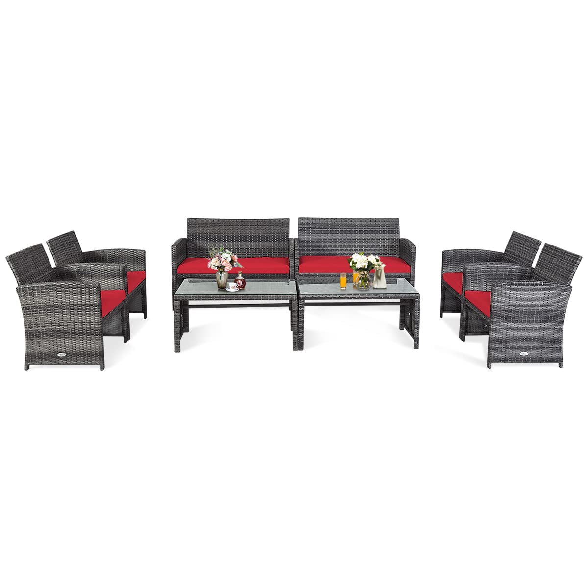 COSTWAY 8PCS Patio Rattan Furniture Set Conversation Glass Table Top Cushioned Sofa Red