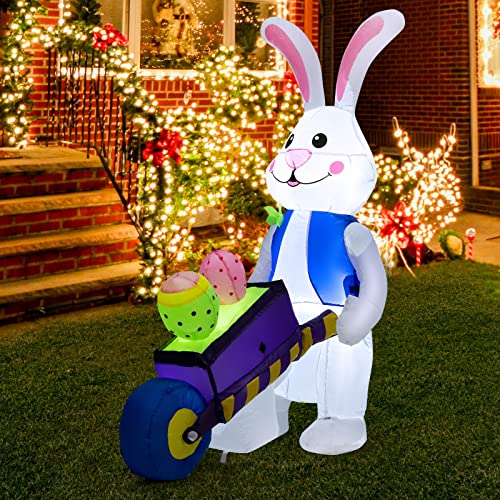 COSTWAY 4FT Inflatable Easter Bunny with Pushing Cart Blowup Holiday Rabbit Decoration