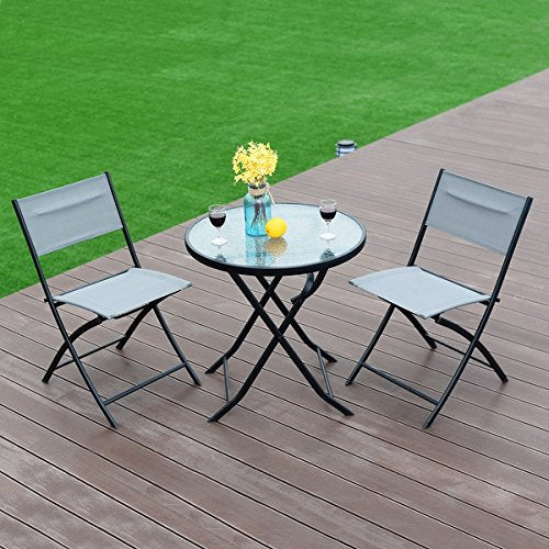 Costway 3 Piece Table Chair Set Metal Tempered Glass Folding Outdoor Patio Garden Pool