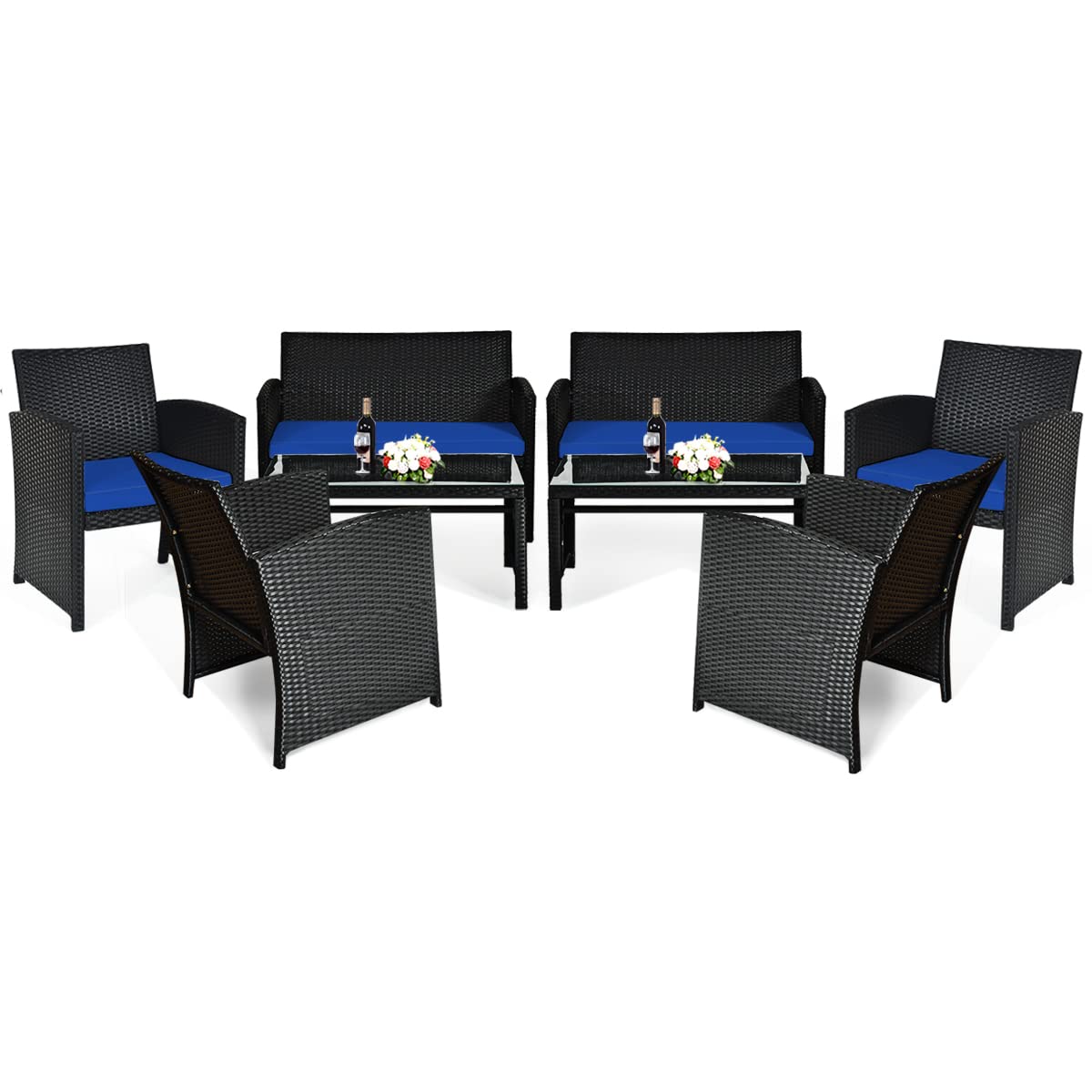 COSTWAY 8PCS Patio Rattan Furniture Conversation Set Cushion Sofa Table Garden Navy