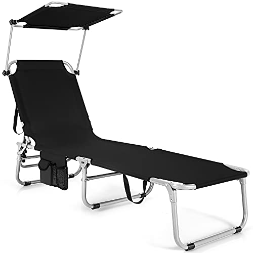 COSTWAY Foldable Sun Shading Lounge Chair Adjustable Beach Sunbathing Recliner W/Pocket Black