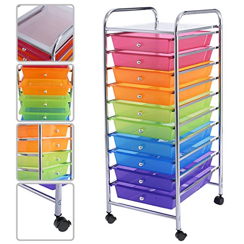 10 Drawer Rolling Storage Cart Scrapbook Paper Office School Organizer Rainbow
