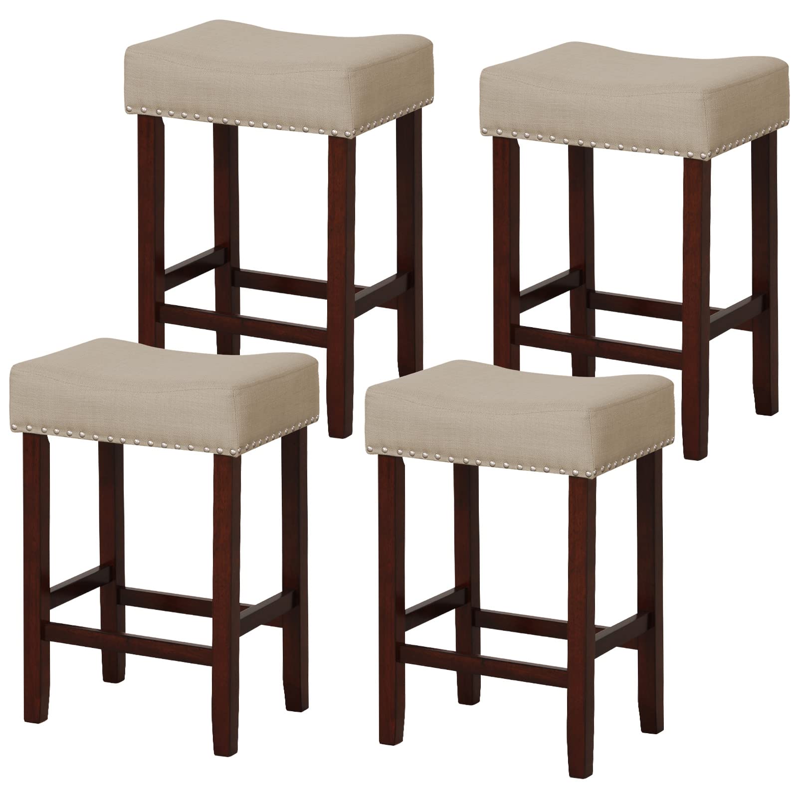 COSTWAY Counter Height Bar Stools Set of 4, 25-inch Backless Saddle Stools with Nailhead Trim, Rubber Wood Frame, Footrest, Max Load 330 Lbs, Upholstered Barstools for Kitchen Island Pub, Beige