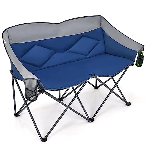 COSTWAY Folding Camping Chair Loveseat Double Seat w/Bags & Padded Backrest, Blue