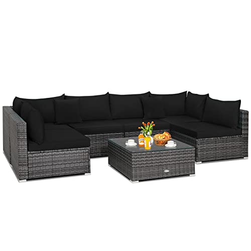 COSTWAY 7PCS Patio Rattan Furniture Set Sectional Sofa Cushioned Garden Black