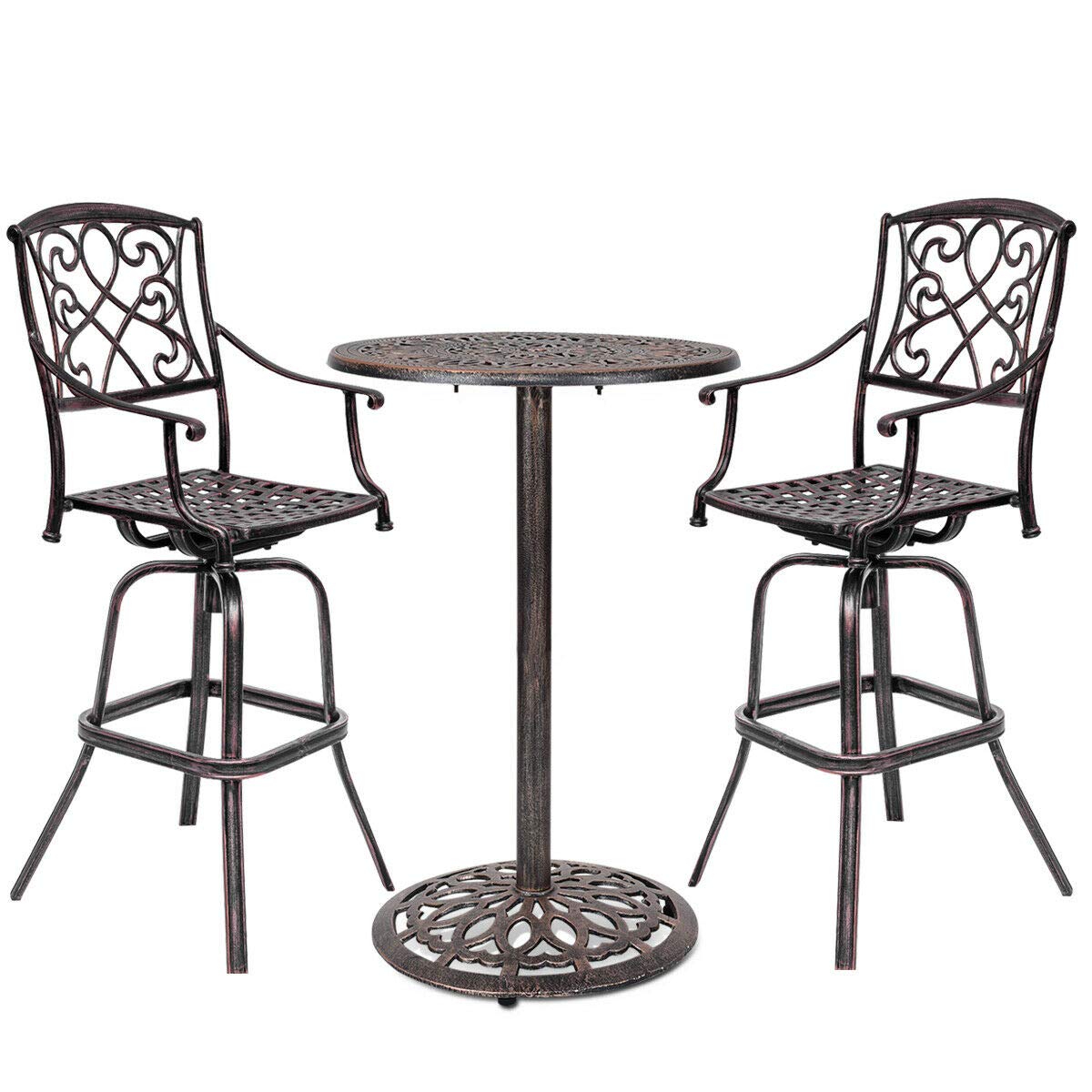 COSTWAY Bar Table and Stool Set Cast Aluminum Vintage Retro Design Patio Outdoor Garden Bistro Furniture Set (2*Copper Bar Stool+ 1*Table)