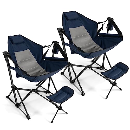 COSTWAY Folding Camping Chair Set of 2, Portable Beach Chair with Retractable Footrest, Adjustable Back, Cup Holder & Carry Bag, Outdoor Lawn Patio Chair for Camping, Fishing, Hiking, Navy