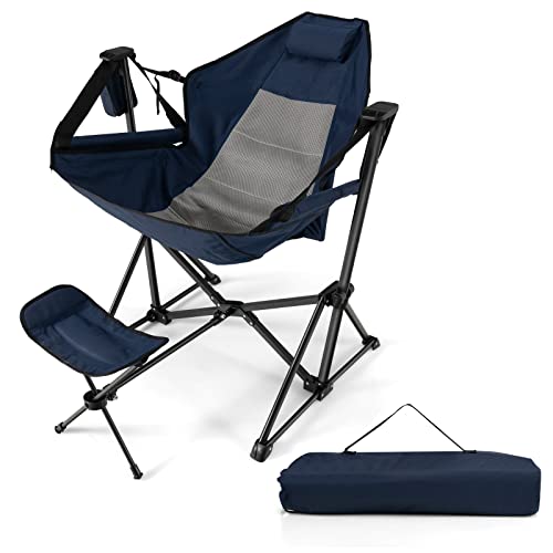 COSTWAY Folding Camping Chair, Portable Beach Chair with Retractable Footrest, Adjustable Back, Cup Holder & Carry Bag, Outdoor Lawn Patio Chair for Camping, Fishing, Hiking, Navy