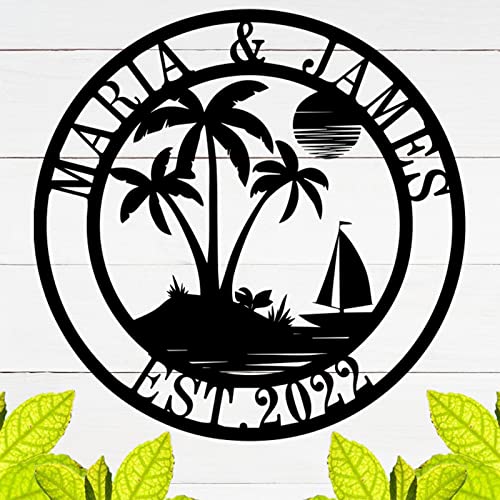 Personalized Palm Trees Metal Family Name Signs, Custom Monogram Sign Door Hanger Wall Home Decor, Metal Wall Art, Outdoor Metal Last Name Sign, Housewarming Gift